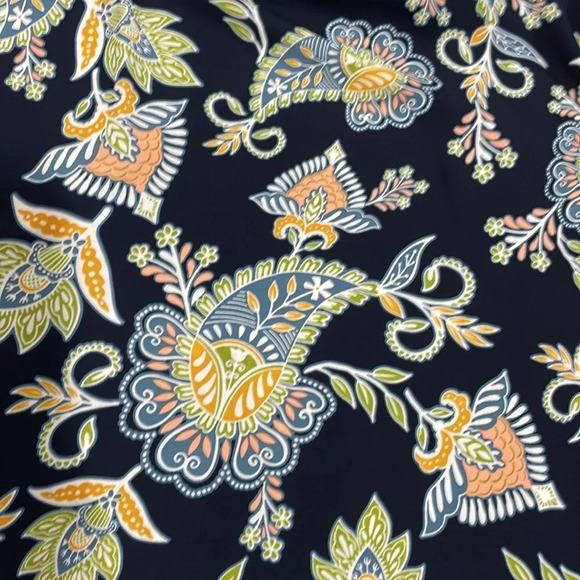 LOFT Navy Paisley Print Cap Sleeve Mixed Media Blouse XS - Picture 10 of 11